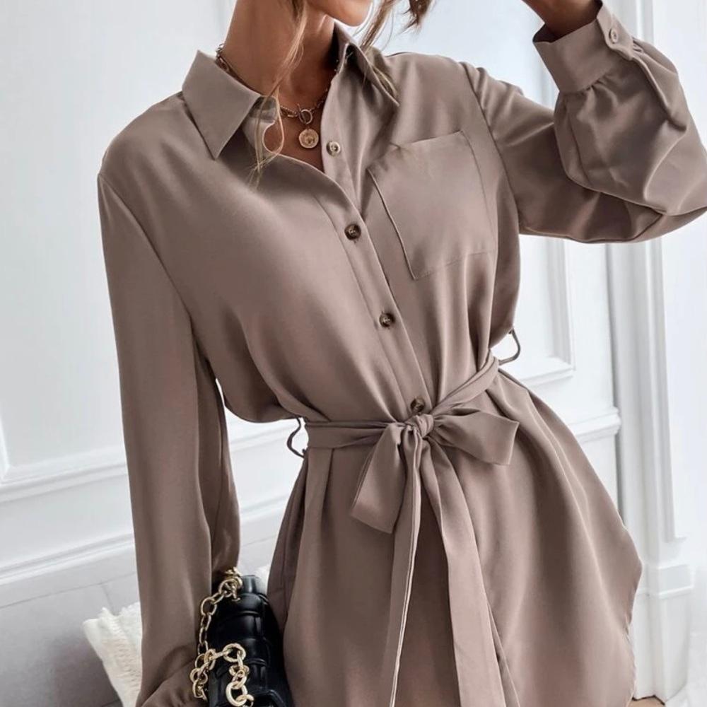 New • Button Front Belted Blouse • XL / 12 • Mocha Brown